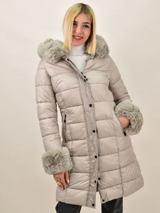 Potre Lang Damen Puffer Jacke mit pelziger Kapuze für Winter Beige