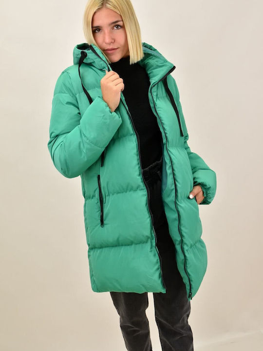 Potre Women's Long Puffer Jacket for Winter with Hood Green