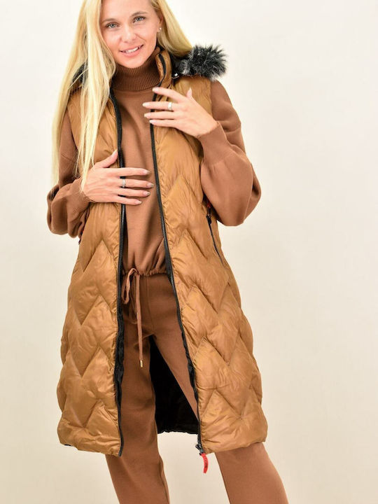 Lungă Jachetă de femei Fără mâneci Puffer Maro