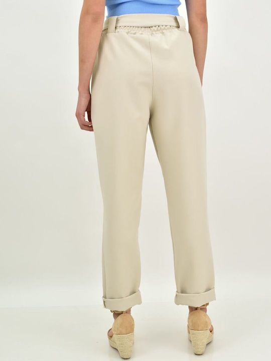 Potre Women's Fabric Trousers with Elastic in Baggy Line Beige