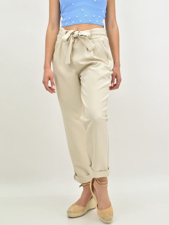 Damen Stoff Hose mit Gummizug in Weitem Schnitt Beige
