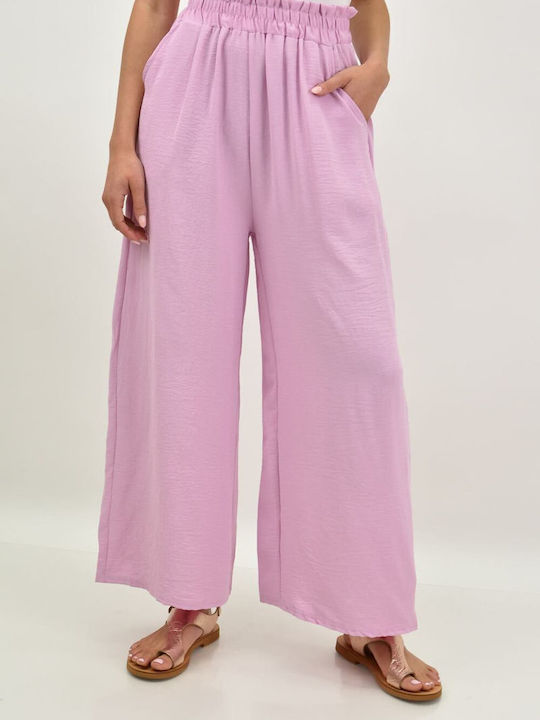 Potre Women's Fabric Trousers with Elastic in Loose Fit Pink