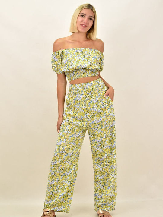 Damen Gelb Set mit Hose Blumen