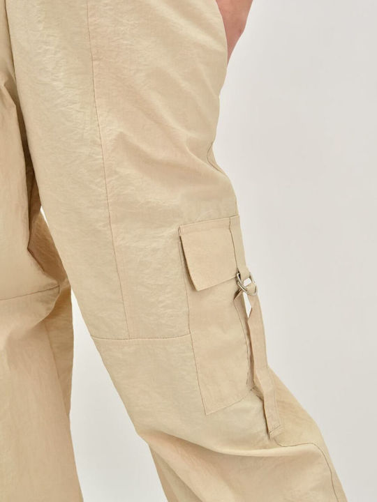 Women's Fabric Cargo Trousers with Elastic Beige