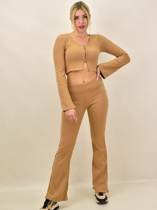 Femei Bej Set cu Pantaloni cu elastic Evazați