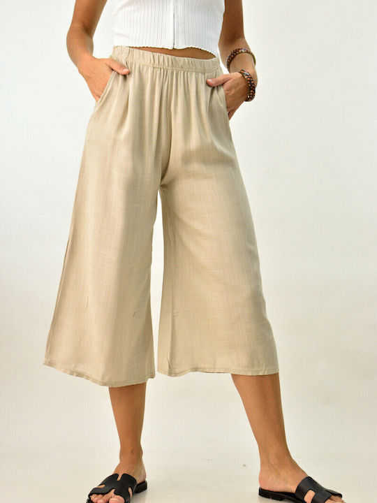 Women's High-waisted Fabric Trousers with Elastic in Straight Line Beige