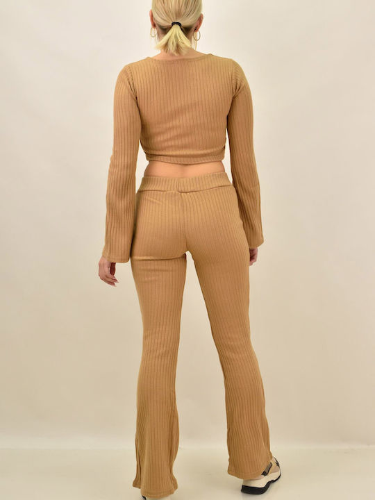 Femei Bej Set cu Pantaloni cu elastic Evazați
