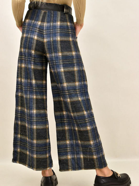 Damen Hoch tailliert Stoff Hose mit Gummizug Geprüft Marineblau