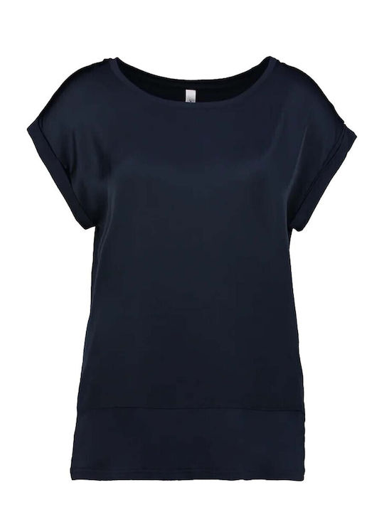 Damen Sommer Bluse Satin Kurzärmelig Blau