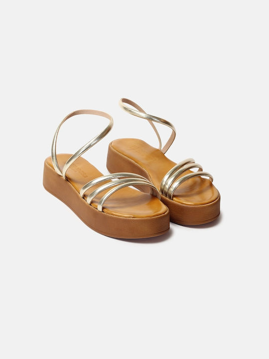 InShoes Leather Women's Flat Sandals Flatforms in Gold Color