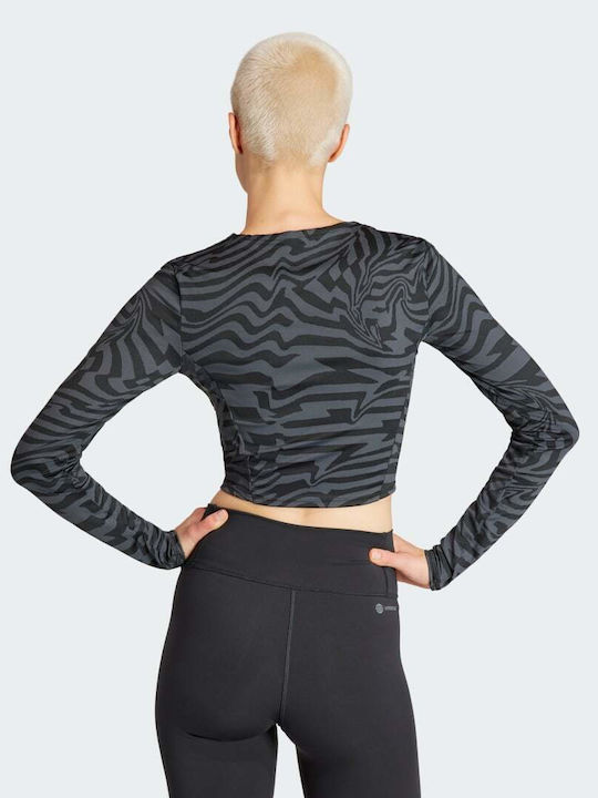 Adidas Icons Jacquard Women's Athletic Crop Top Long Sleeve Black