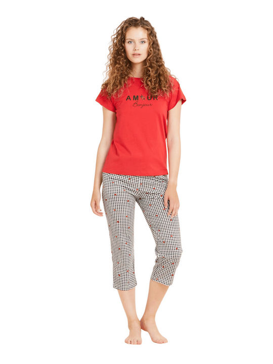 Noidinotte Sommer Damen Pyjama-Set Baumwolle Rot