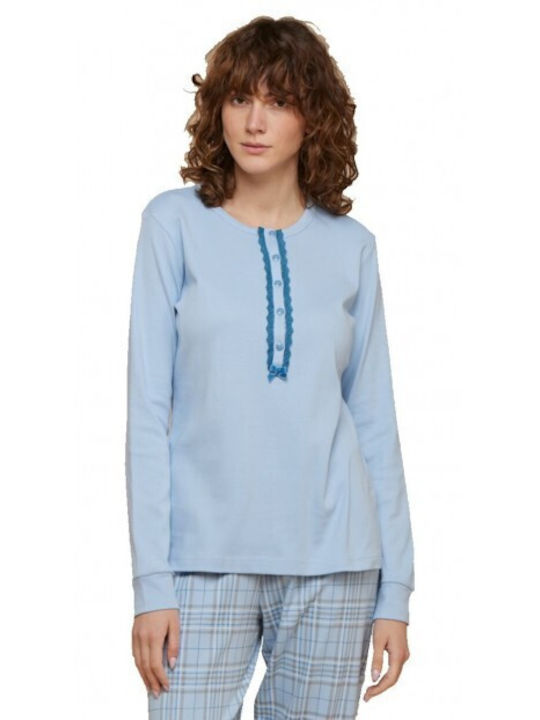 Noidinotte Winter Damen Pyjama-Set Baumwolle Hellblau