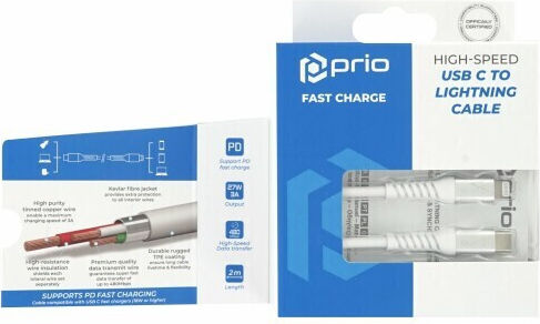 Prio Charge & Sync USB-C to Lightning Cable 27W White 2m