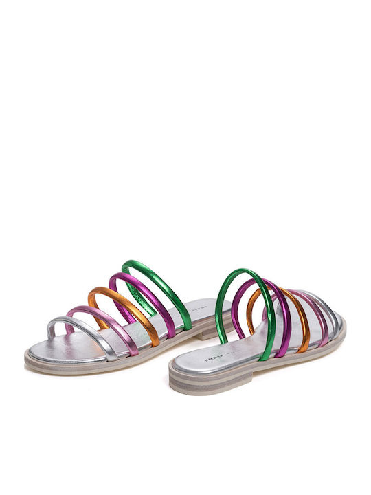 Leder Flache Sandalen für Damen in Silber Farbe