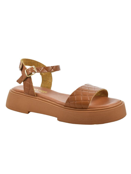 Yfantidis Leather Women's Sandals with Ankle Strap Brown