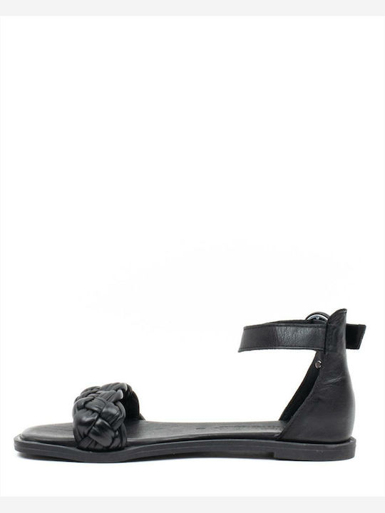 Carmela Footwear Leather Women's Flat Sandals with Strap in Black Color