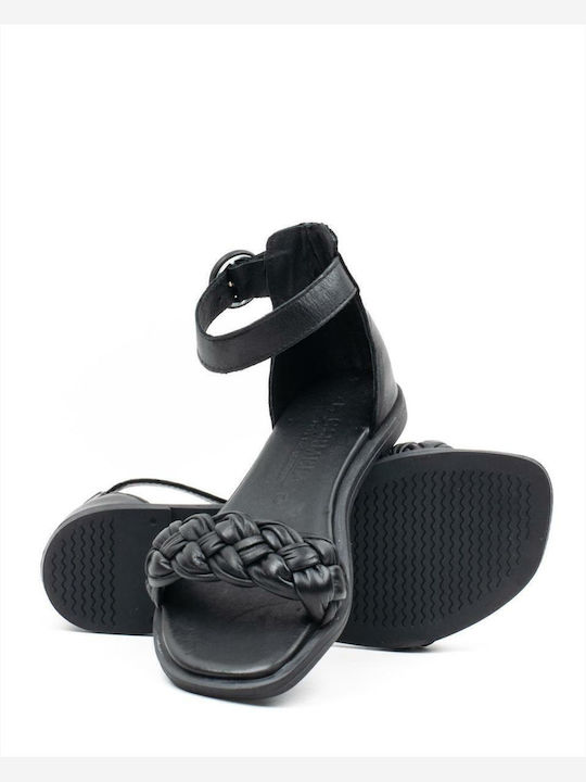 Leather Women's Flat Sandals with Strap in Black Color