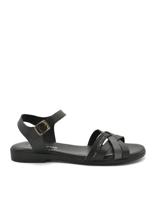 Leather Women's Flat Sandals in Black Color
