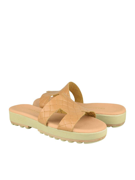 Leather Women's Flat Sandals in Beige Color