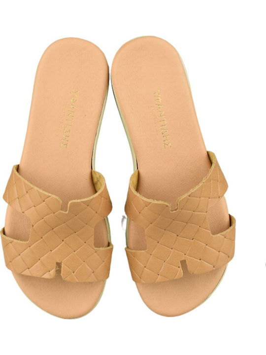 Leather Women's Flat Sandals in Beige Color