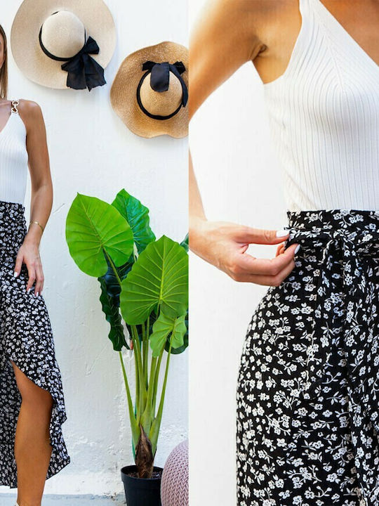 Maxi Rock Umschlag Blumen Schwarz