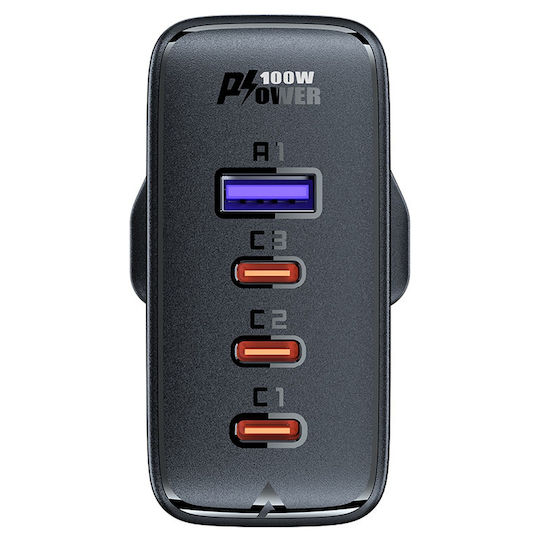 Acefast GaN Charger With USB-A Port And 3 USB-C Ports And USB-C Cable 100W Power Delivery Quick Charge 2.0 Quick Charge 3.0 Quick Charge 4+ White Black (2xA40 UK Socket)