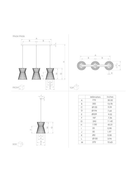 Eglo Maseta Pendant Light Three-Light Rail for Socket E27 Gold