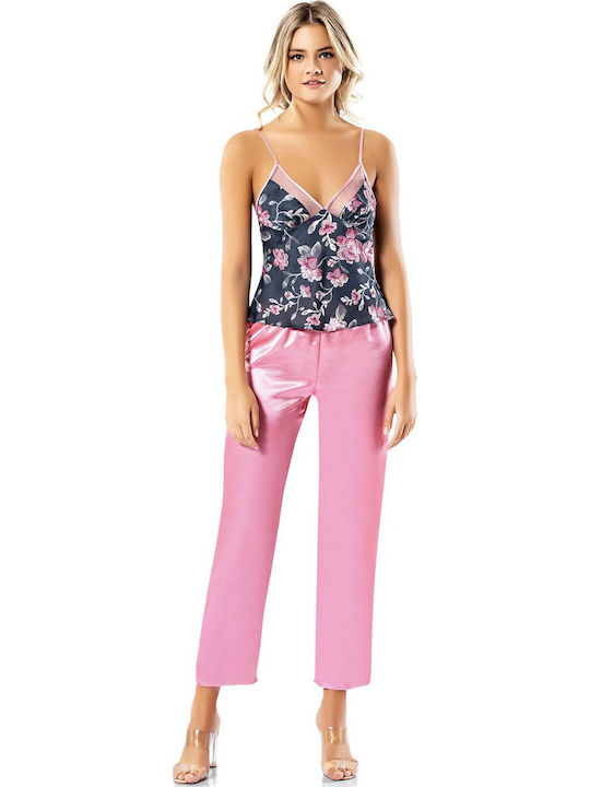 Kal-tsa Sommer Damen Satin,σατεν Robe mit Pyjama Rosa