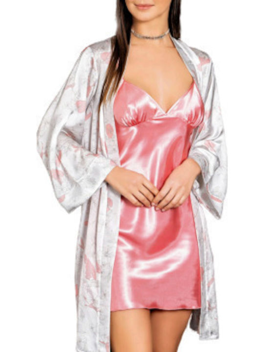 Kal-tsa Sommer Damen Satin,σατεν Robe mit Nachthemd Rosa