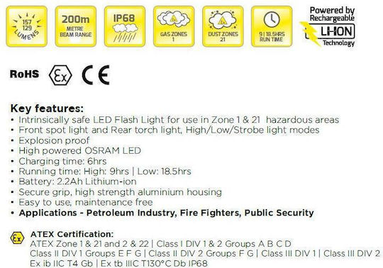Pals Explosionsgeschützt Taschenlampe LED IP68 mit maximaler Helligkeit 227lm KHJ Alcidae