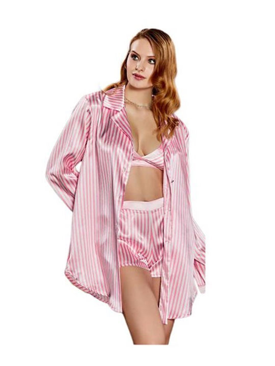 FMS Sommer Damen Pyjama-Set Satin Rosa