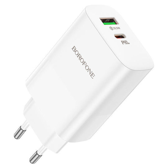 Borofone Charger with USB-A Port and USB-C Port and Cable USB-C 65W Power Delivery Whites (BN10)