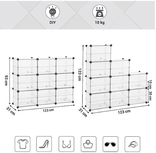 Plastică Suport pentru pantofi cu 9 Rafturi Albă L123xW31xH93cm
