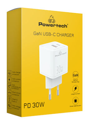 Powertech Încărcător Fără Cablu GaN cu Port USB-C 30W Livrarea energiei Albς (PT-1093)