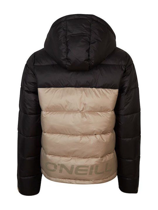 Women's Short Puffer Jacket for Winter with Hood Beige