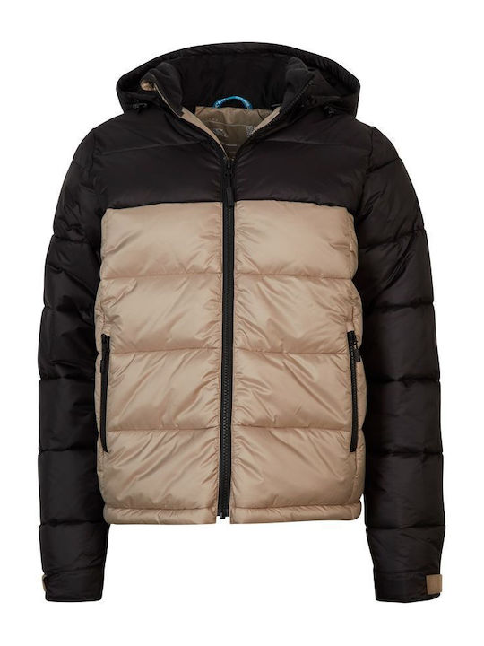 Women's Short Puffer Jacket for Winter with Hood Beige