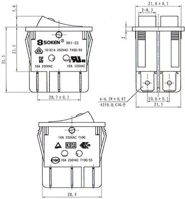 RK1-23AB1X1NB/B Întrerupător Balansoar Dublu 6P Lumina roșie On-Off 16A/250V 1buc