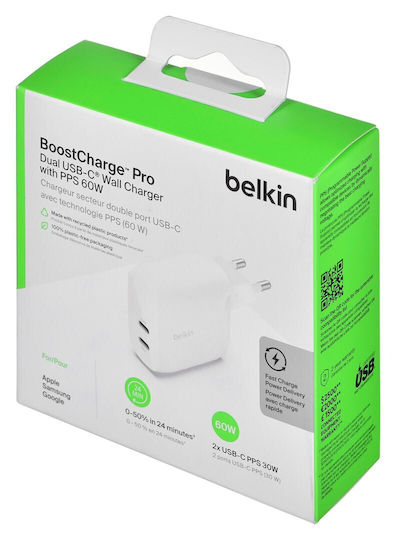 Belkin Charger Without Cable with 2 USB-C Ports 30W Power Delivery Whites (BoostCharge Pro)