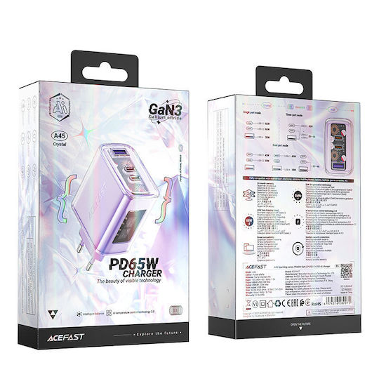 Acefast Φορτιστής Χωρίς Καλώδιο GaN με Θύρα USB-A και 2 Θύρες USB-C 65W Power Delivery / Quick Charge 3.0 Dark Gray (A45)