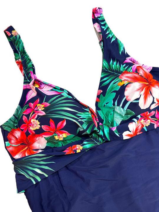 One Piece Swimsuit with Removable Padding for Large Bust Floral Navy Blue