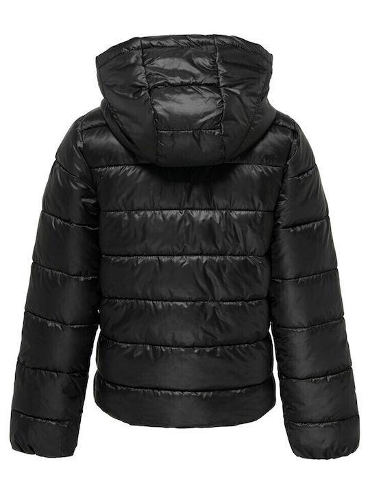 Daunen-Kinderjacke Gesteppt Kurz mit Kapuze Schwarz