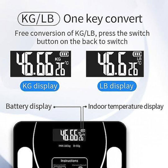 Glas Smart Badezimmerwaage 180kg mit Körperfettmessung & Bluetooth Schwarze