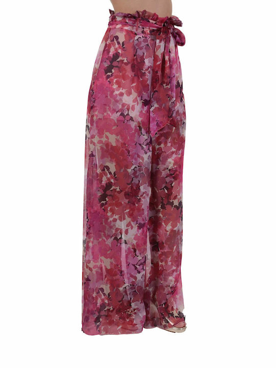 Liu Jo Damen Hochtailliert Stoff Palazzo-Hose mit Gummizug Blumen Rosa