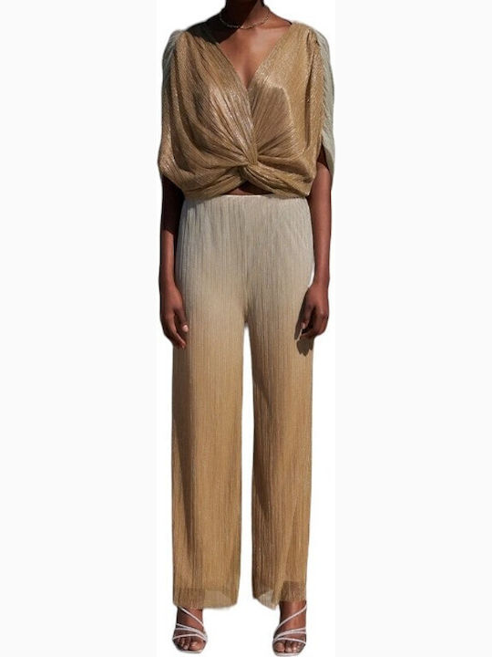 Damen Stoff Hose mit Gummizug Gold
