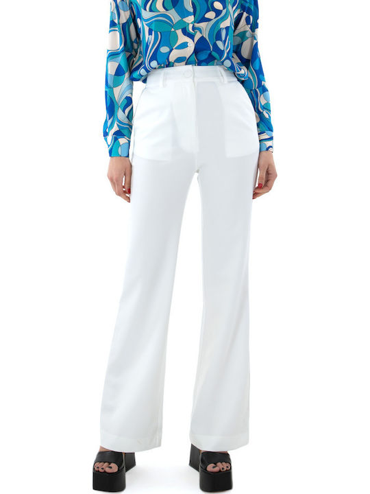MY T PANTS Γυναικείο Ψηλόμεσο Υφασμάτινο Παντελόνι Straight Λευκό
