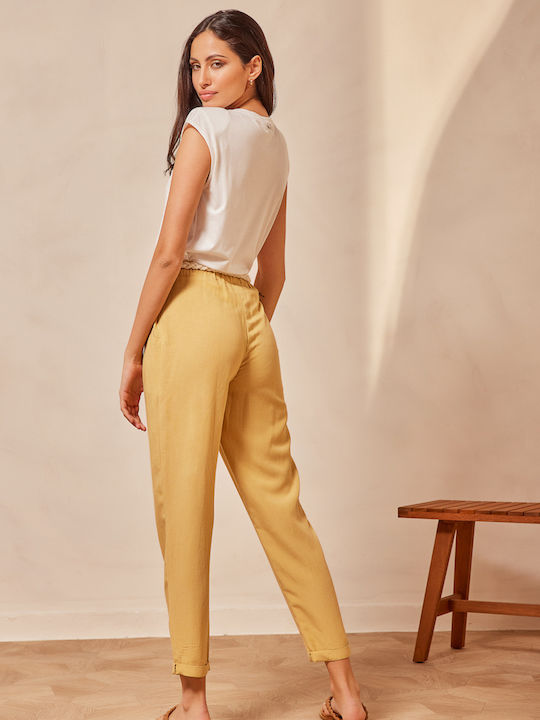 Enzzo Women's High-waisted Fabric Trousers with Elastic Yellow