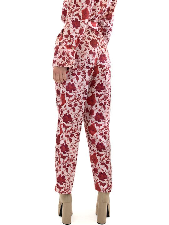 Damen Stoff Hose Blumen Rot