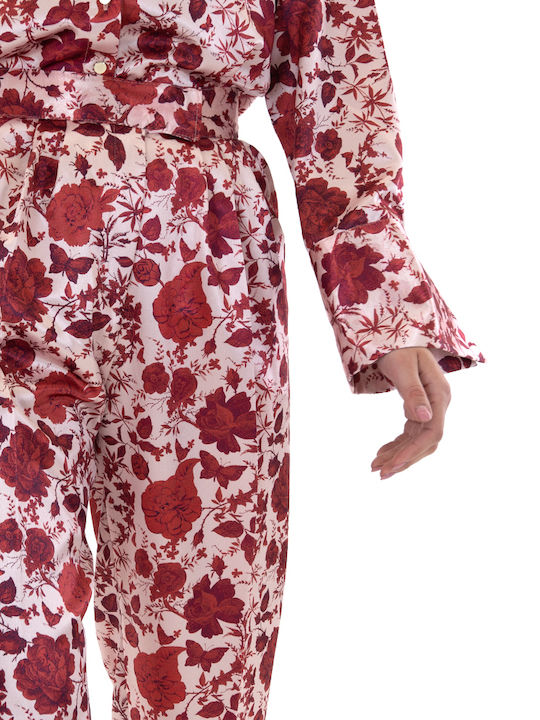 Damen Stoff Hose Blumen Rot