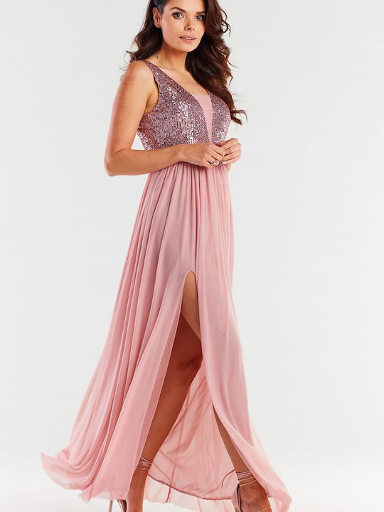 Awama A486 Maxi Evening Dress Open Back with Sheer Pink